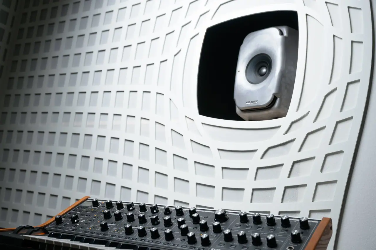 Close-up of a kost.acoustics diffusor panel with a Genelec monitor set into the wall.