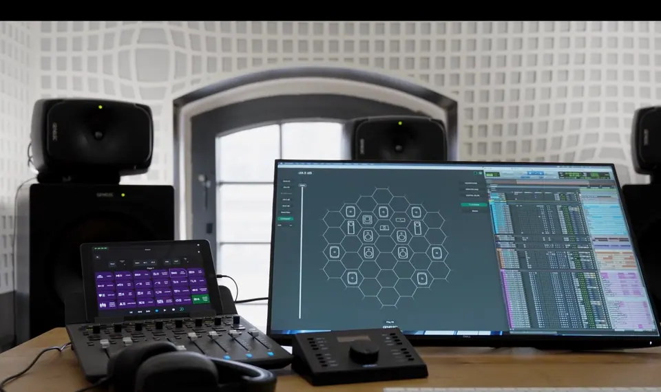The Immersive Lab control room: Genelec monitors, control surfaces and a running session on screen.